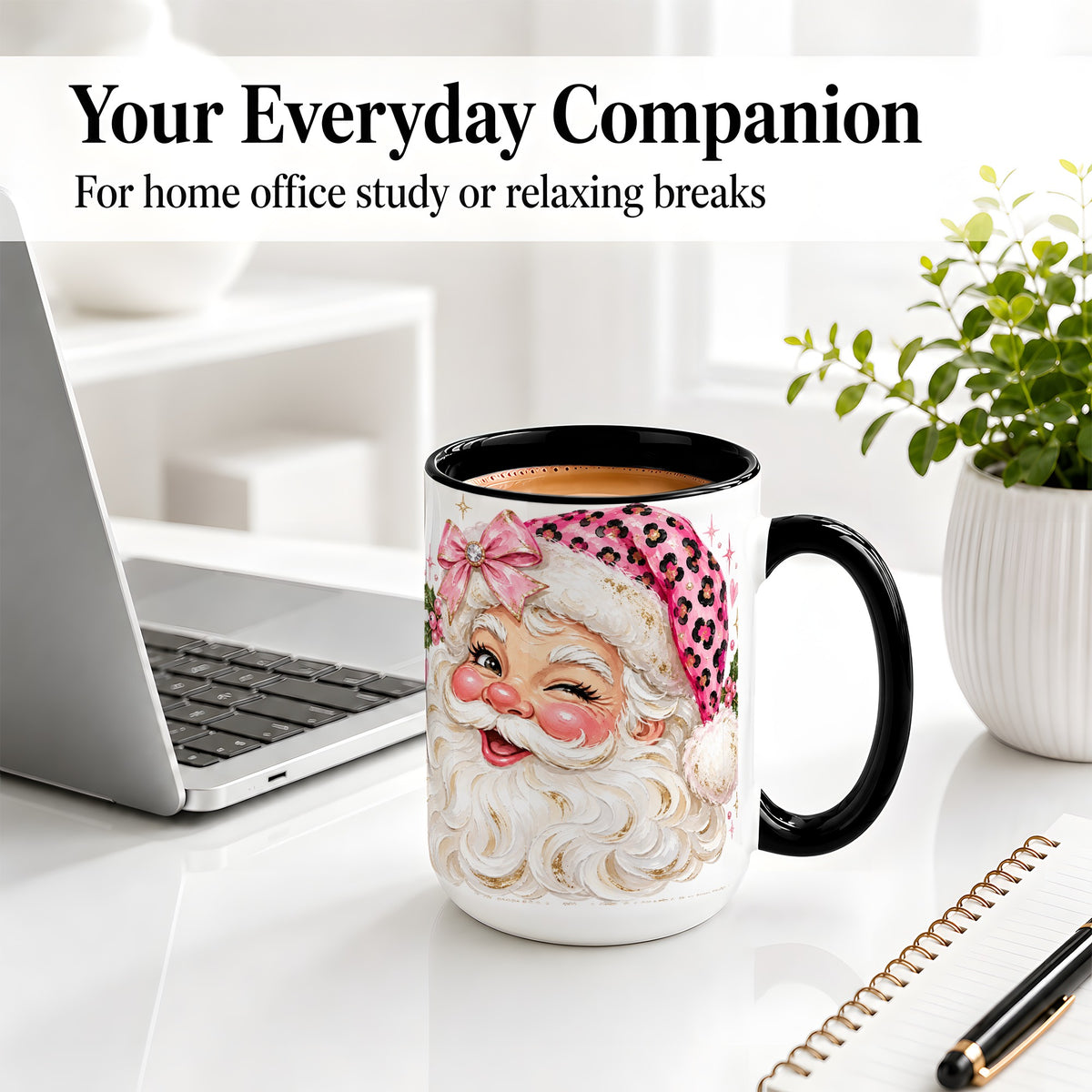 #pl[15oz|Black] Pink Santa Ceramic Mug, Leopard Hat Christmas Holiday Artwork