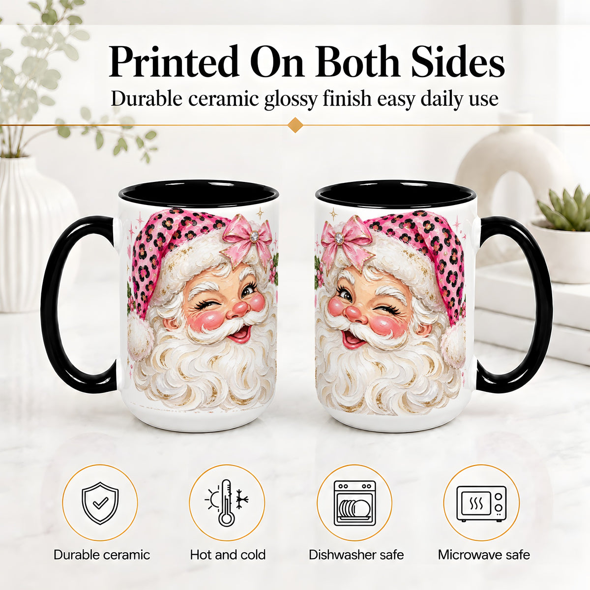 #pl[15oz|Black] Pink Santa Ceramic Mug, Leopard Hat Christmas Holiday Artwork