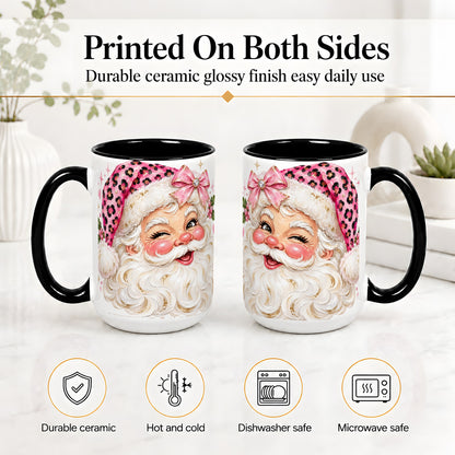 #pl[15oz|Black] Pink Santa Ceramic Mug, Leopard Hat Christmas Holiday Artwork