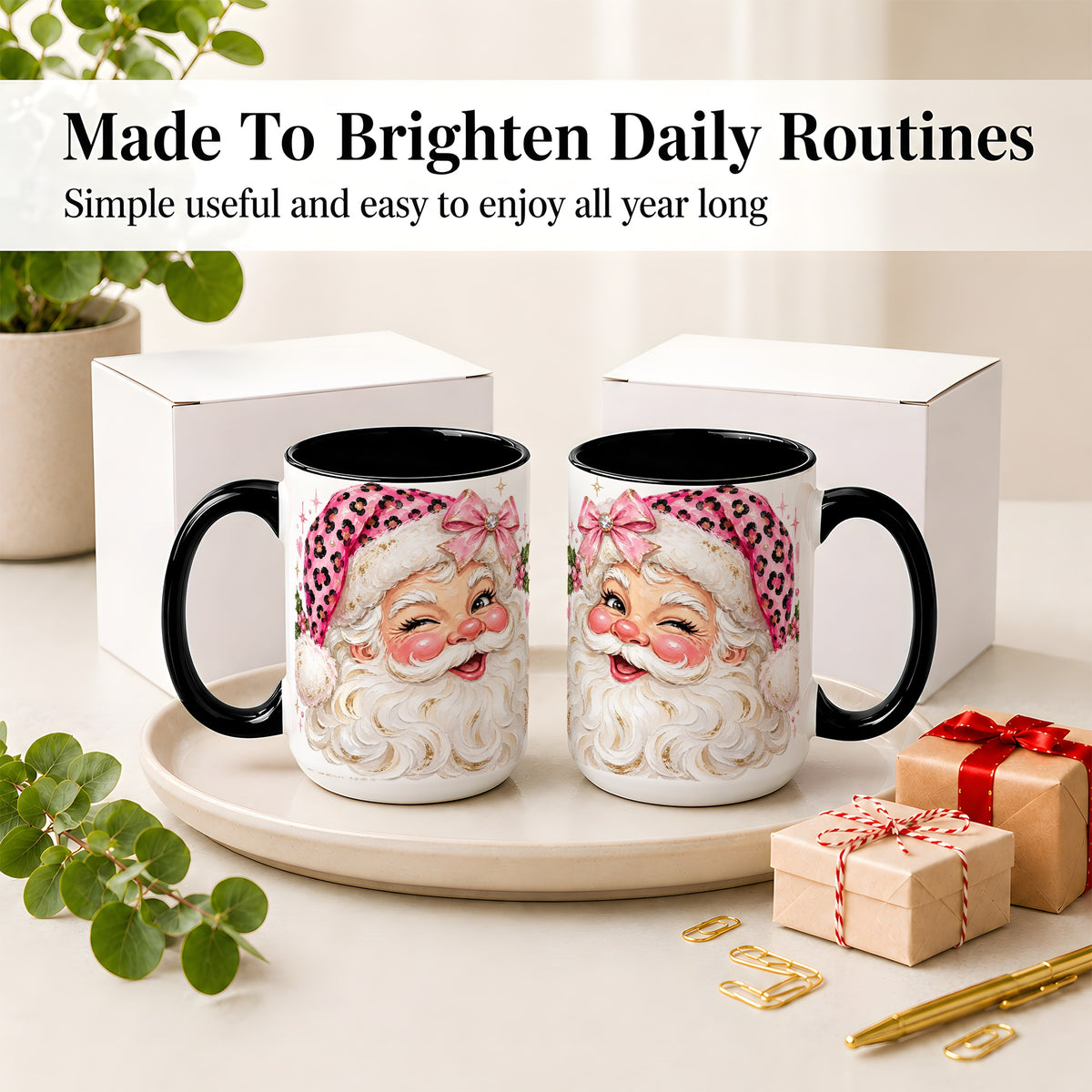 #pl[15oz|Black] Pink Santa Ceramic Mug, Leopard Hat Christmas Holiday Artwork