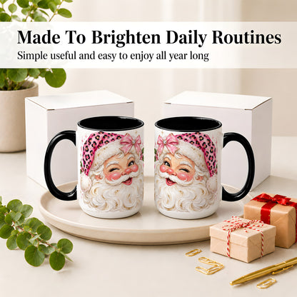 #pl[15oz|Black] Pink Santa Ceramic Mug, Leopard Hat Christmas Holiday Artwork