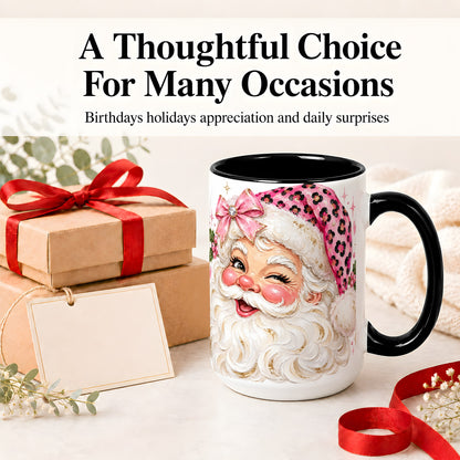 #pl[15oz|Black] Pink Santa Ceramic Mug, Leopard Hat Christmas Holiday Artwork