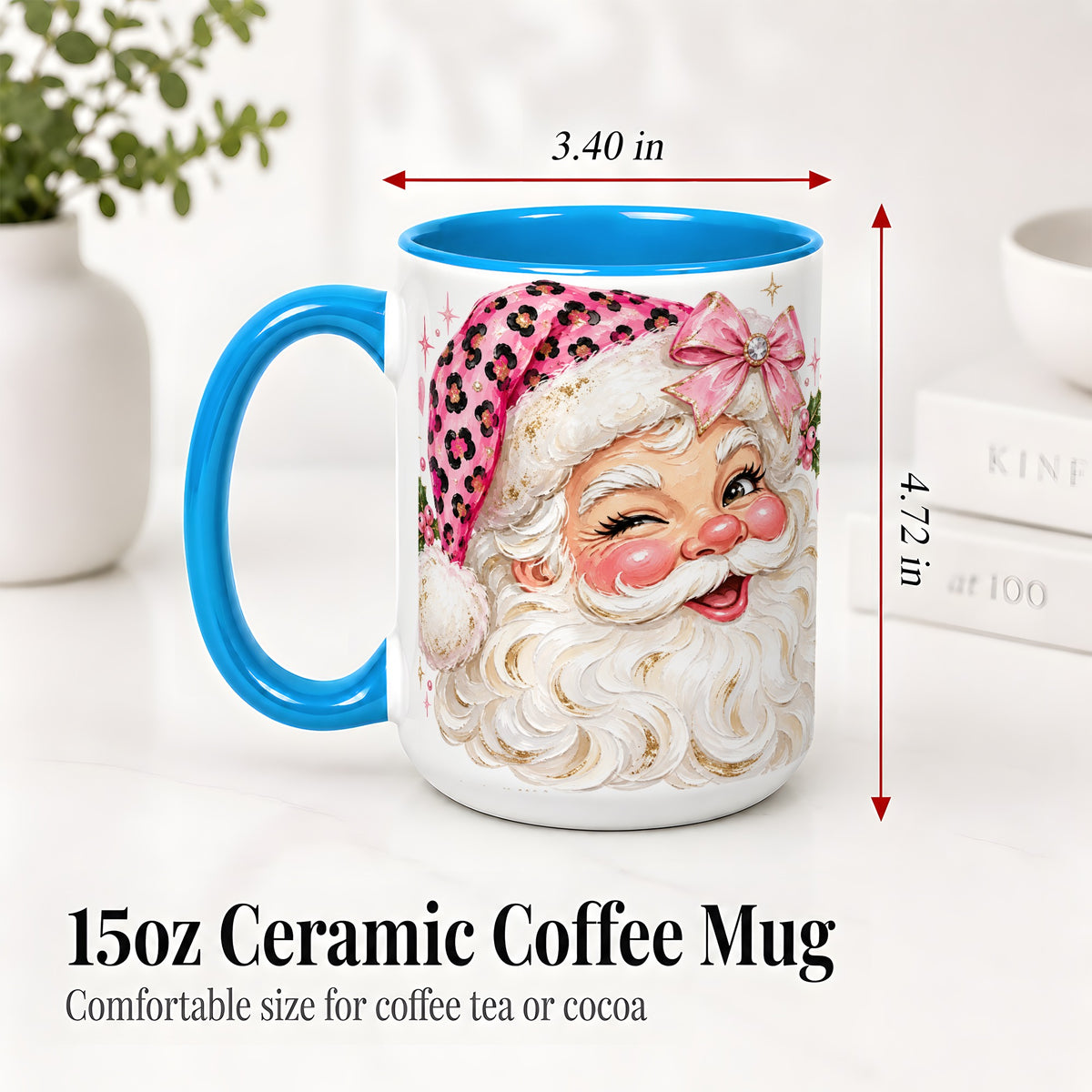 #pl[15oz|Blue] Pink Santa Ceramic Mug, Leopard Hat Christmas Holiday Artwork