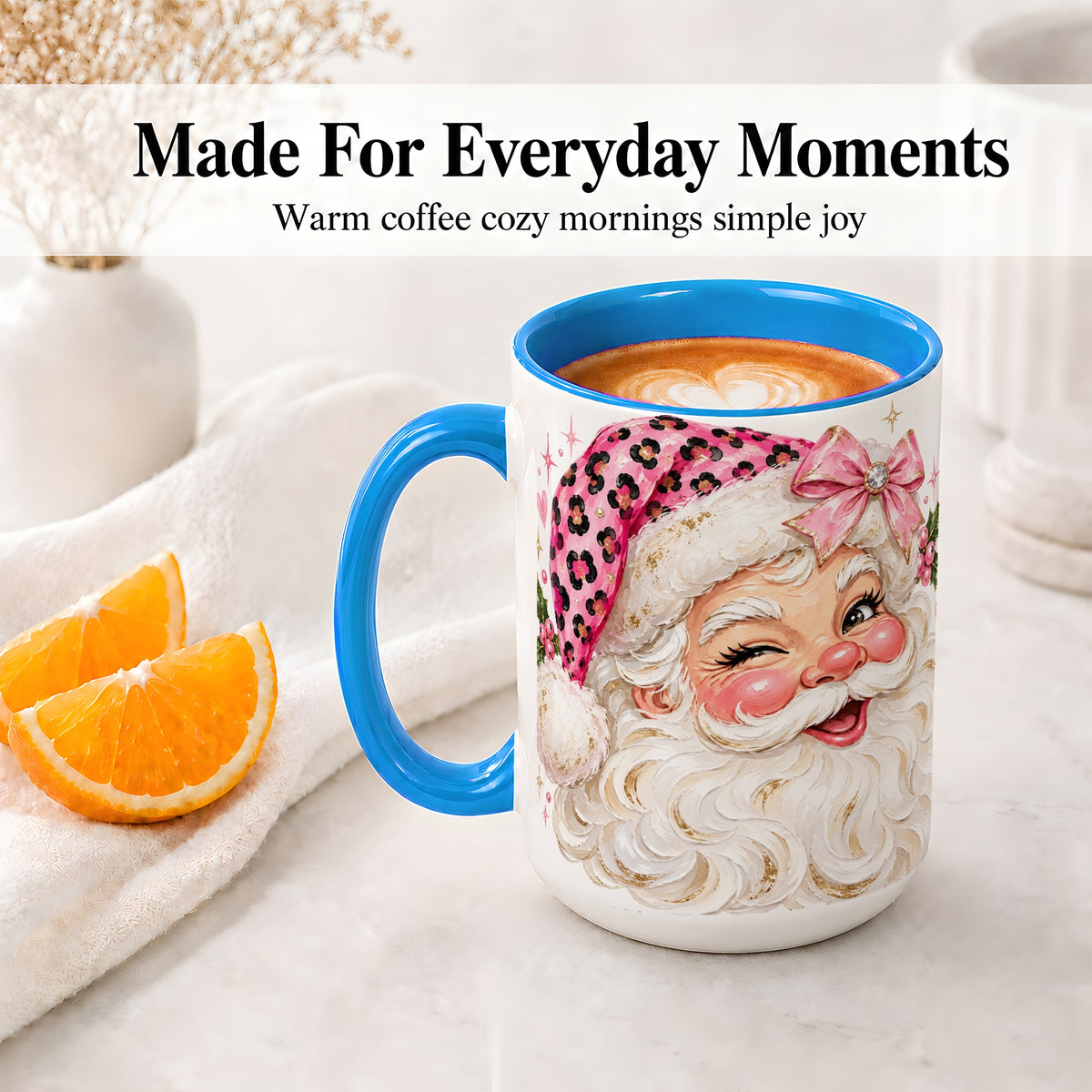 #pl[15oz|Blue] Pink Santa Ceramic Mug, Leopard Hat Christmas Holiday Artwork