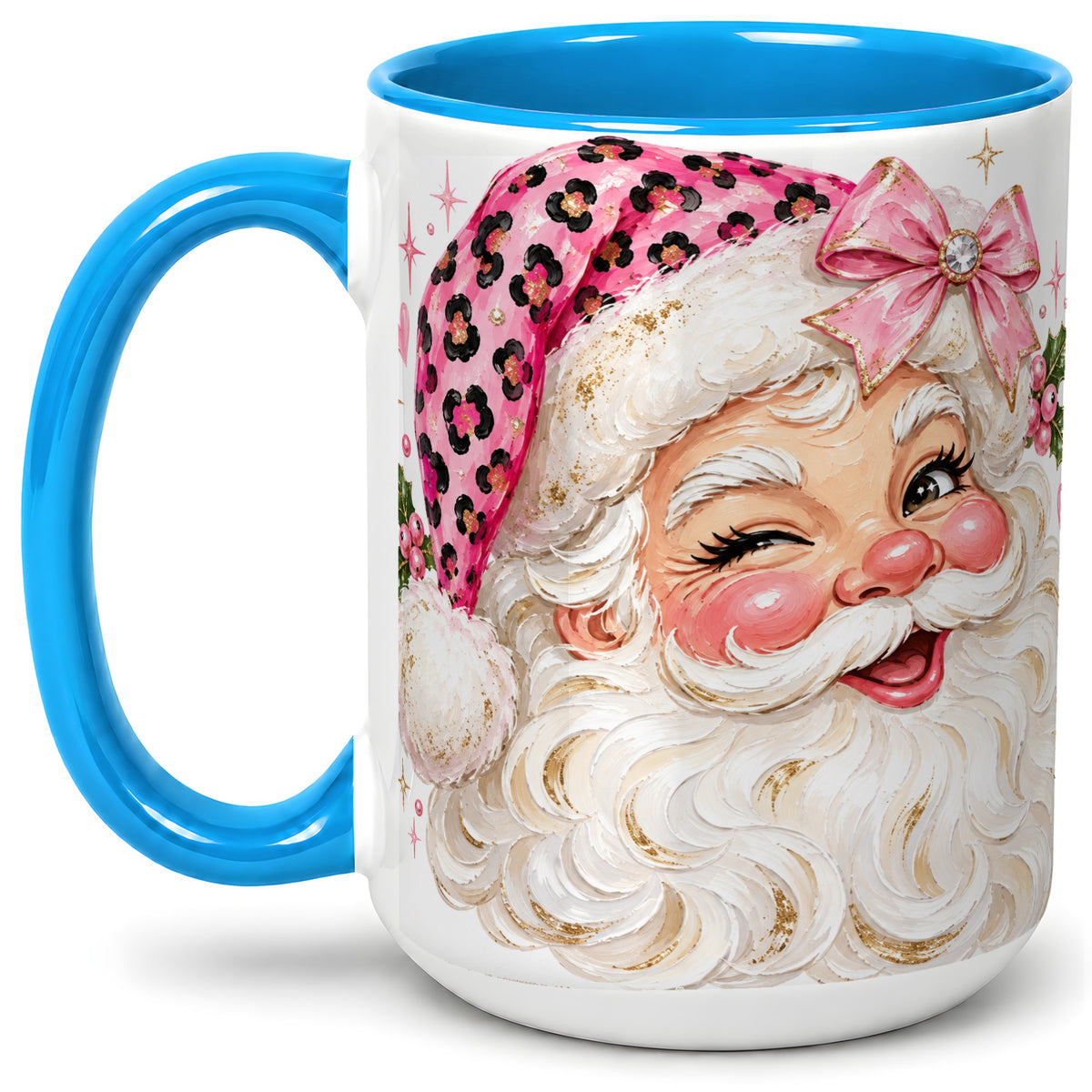 #pl[15oz|Blue] Pink Santa Ceramic Mug, Leopard Hat Christmas Holiday Artwork