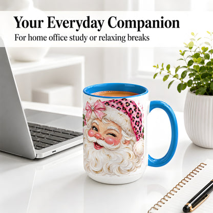 #pl[15oz|Blue] Pink Santa Ceramic Mug, Leopard Hat Christmas Holiday Artwork