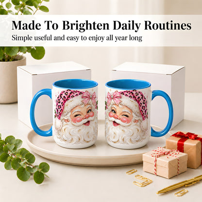 #pl[15oz|Blue] Pink Santa Ceramic Mug, Leopard Hat Christmas Holiday Artwork