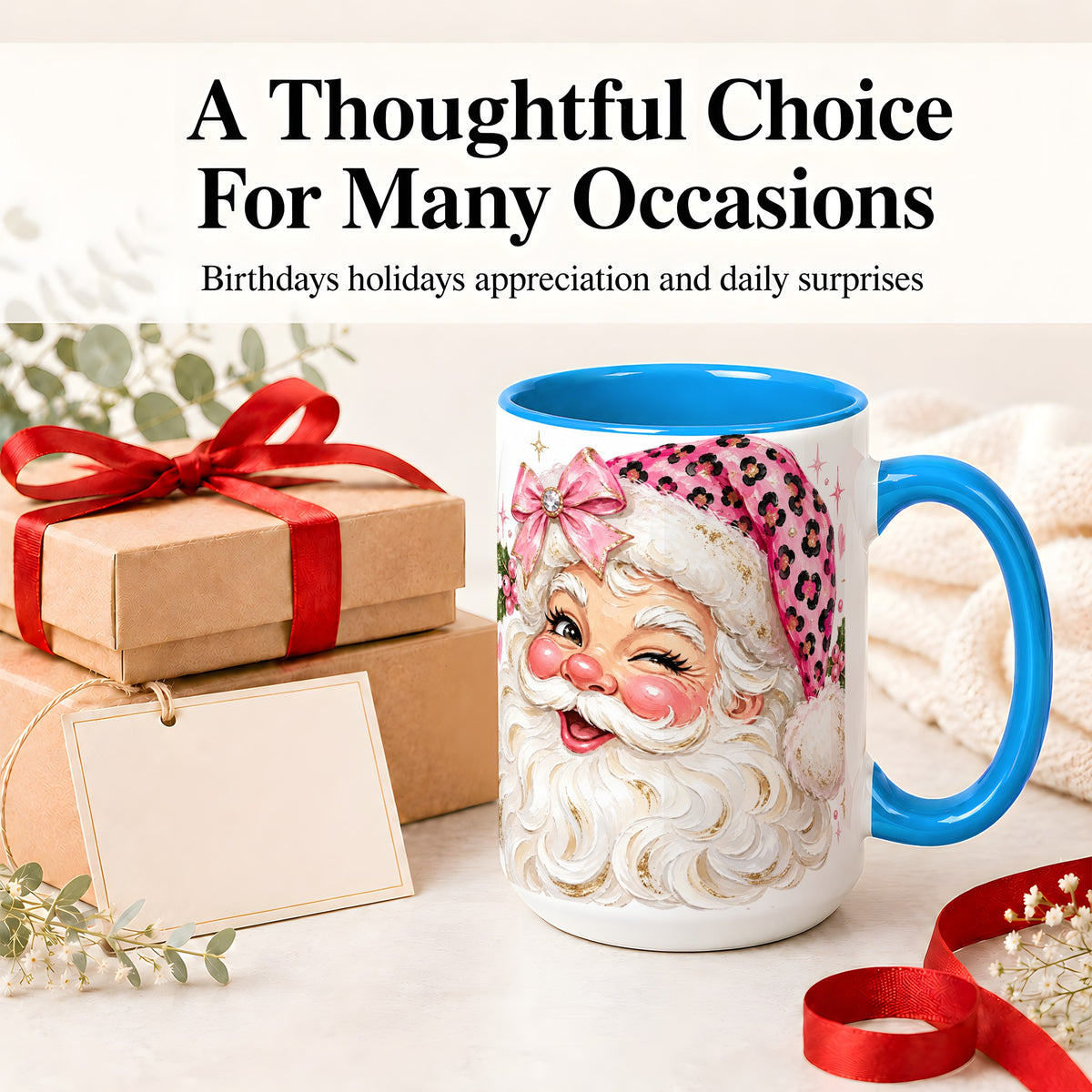 #pl[15oz|Blue] Pink Santa Ceramic Mug, Leopard Hat Christmas Holiday Artwork
