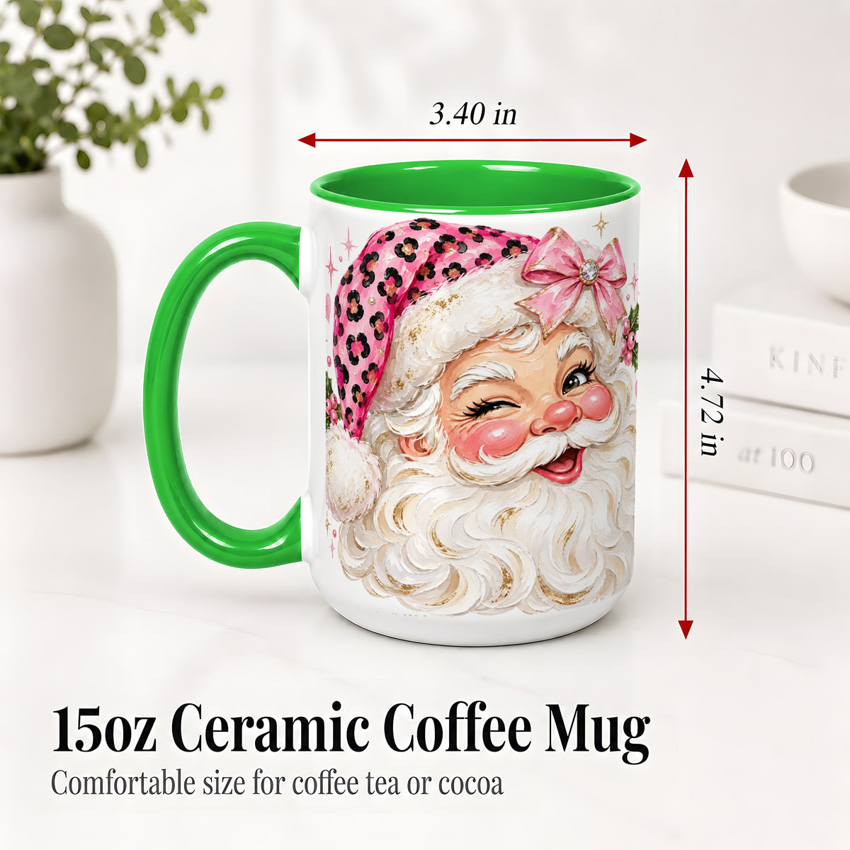 #pl[15oz|Green] Pink Santa Ceramic Mug, Leopard Hat Christmas Holiday Artwork