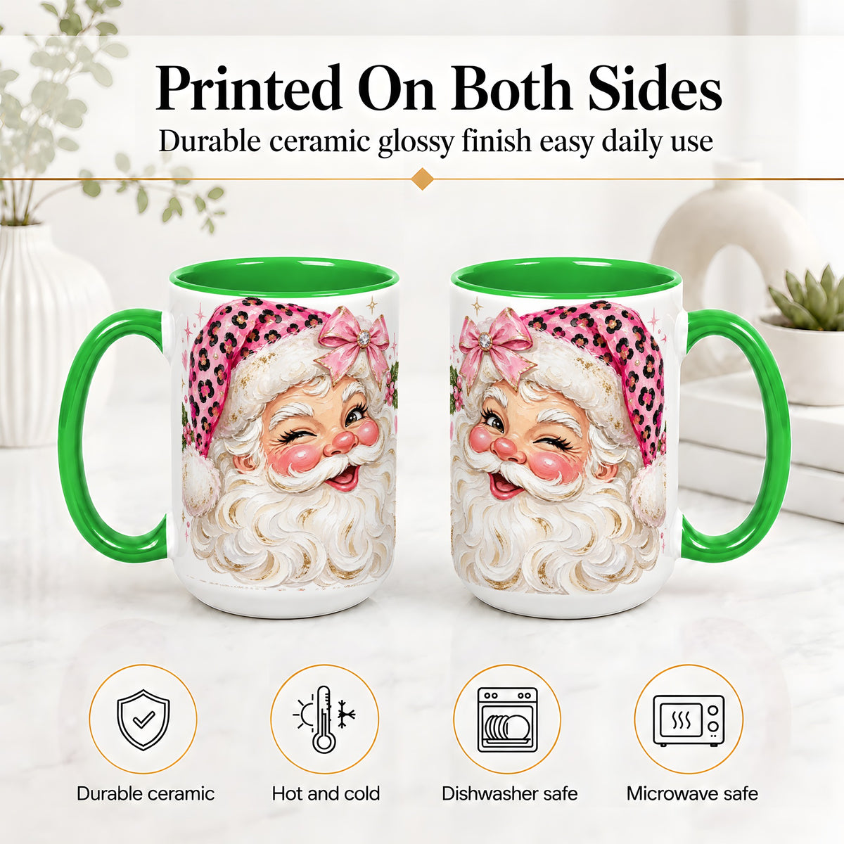 #pl[15oz|Green] Pink Santa Ceramic Mug, Leopard Hat Christmas Holiday Artwork