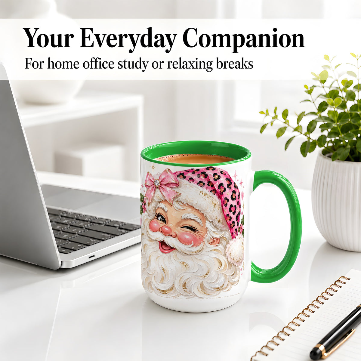 #pl[15oz|Green] Pink Santa Ceramic Mug, Leopard Hat Christmas Holiday Artwork