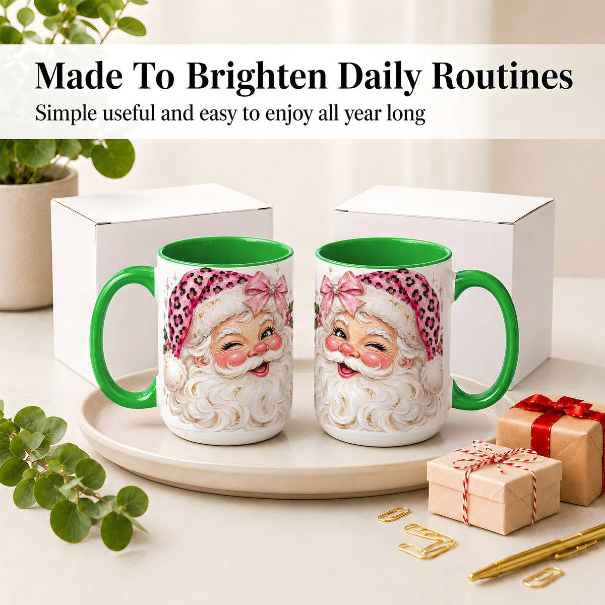 #pl[15oz|Green] Pink Santa Ceramic Mug, Leopard Hat Christmas Holiday Artwork