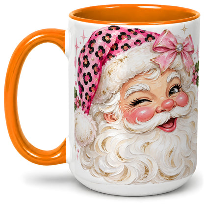 #pl[15oz|Orange] Pink Santa Ceramic Mug, Leopard Hat Christmas Holiday Artwork