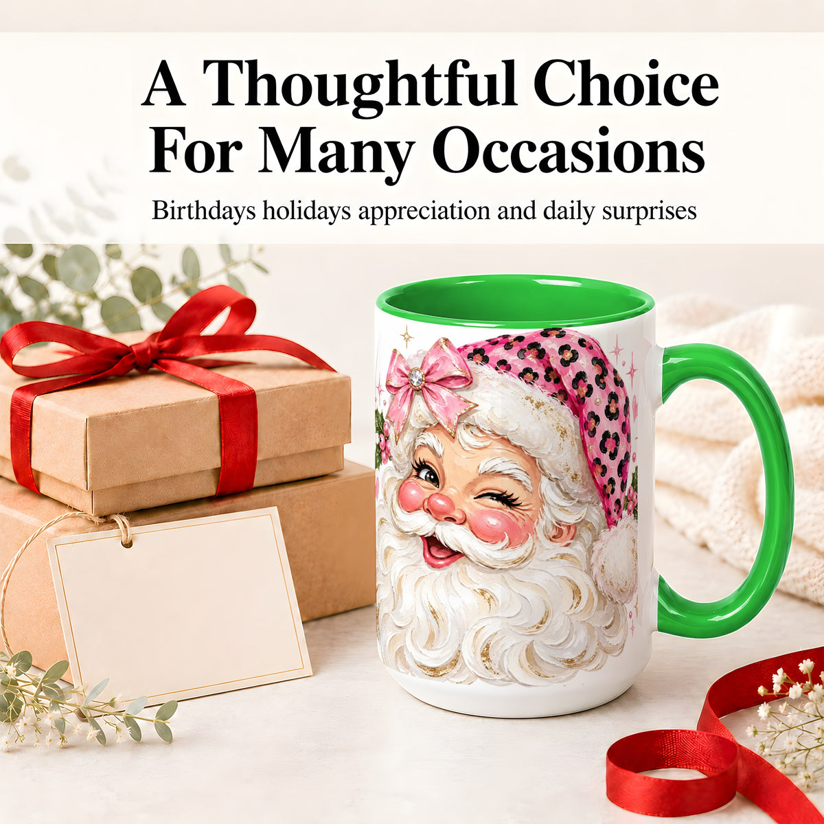 #pl[15oz|Green] Pink Santa Ceramic Mug, Leopard Hat Christmas Holiday Artwork