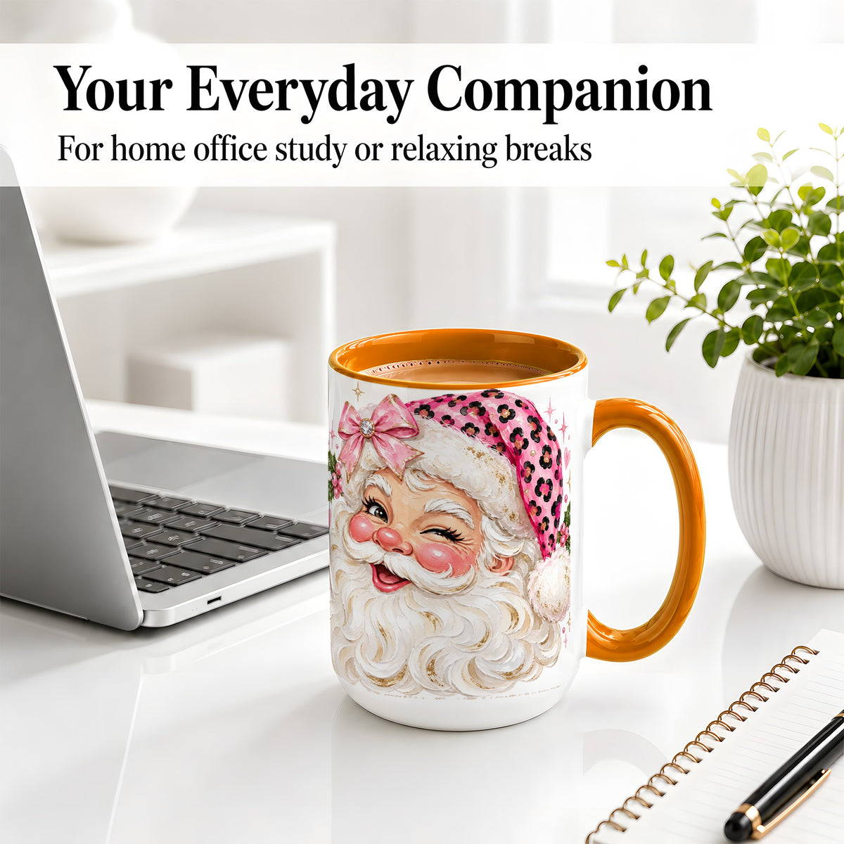 #pl[15oz|Orange] Pink Santa Ceramic Mug, Leopard Hat Christmas Holiday Artwork