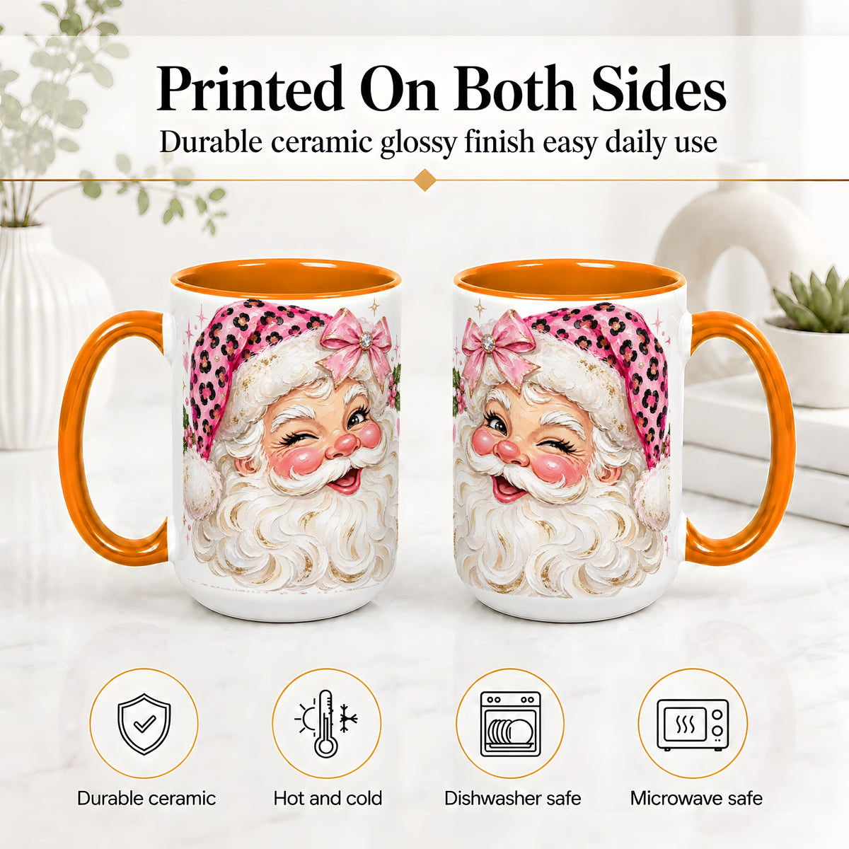 #pl[15oz|Orange] Pink Santa Ceramic Mug, Leopard Hat Christmas Holiday Artwork