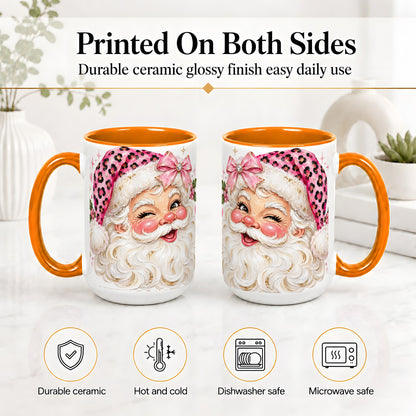 #pl[15oz|Orange] Pink Santa Ceramic Mug, Leopard Hat Christmas Holiday Artwork