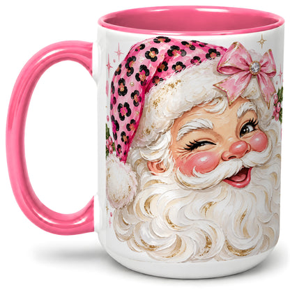 #pl[15oz|Pink] Pink Santa Ceramic Mug, Leopard Hat Christmas Holiday Artwork
