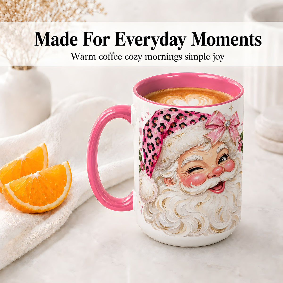 #pl[15oz|Pink] Pink Santa Ceramic Mug, Leopard Hat Christmas Holiday Artwork
