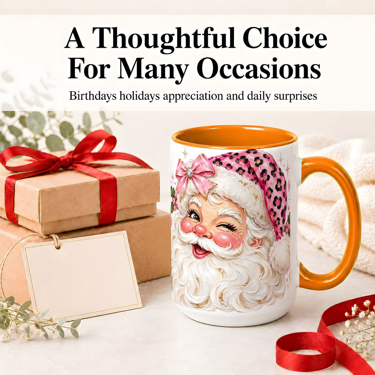 #pl[15oz|Orange] Pink Santa Ceramic Mug, Leopard Hat Christmas Holiday Artwork
