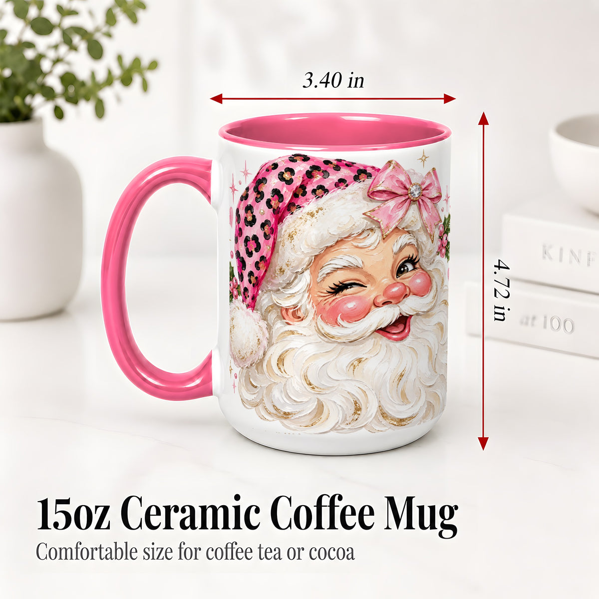 #pl[15oz|Pink] Pink Santa Ceramic Mug, Leopard Hat Christmas Holiday Artwork