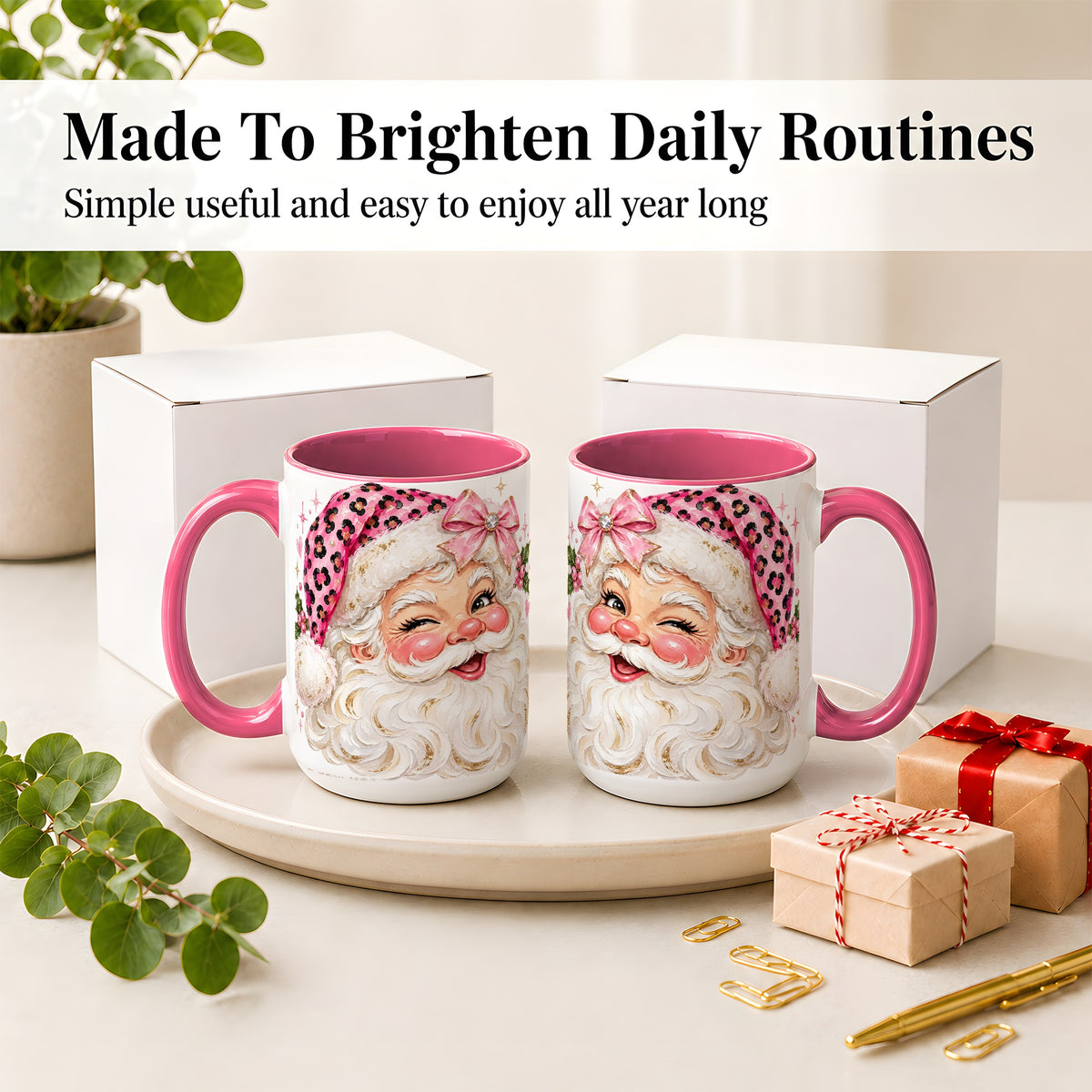 #pl[15oz|Pink] Pink Santa Ceramic Mug, Leopard Hat Christmas Holiday Artwork
