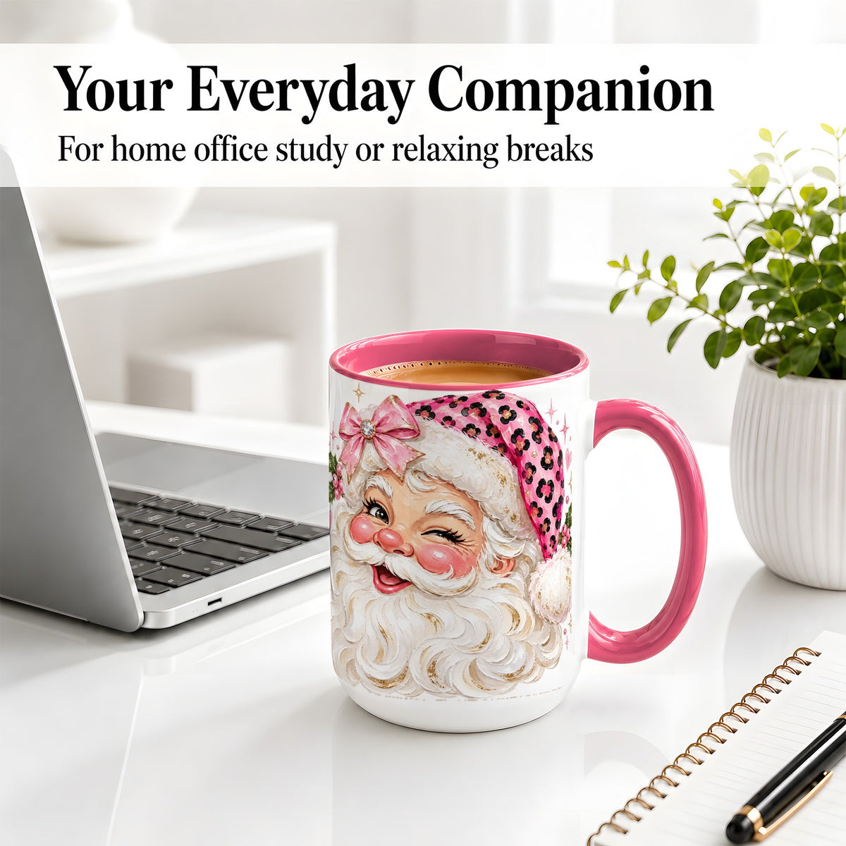 #pl[15oz|Pink] Pink Santa Ceramic Mug, Leopard Hat Christmas Holiday Artwork
