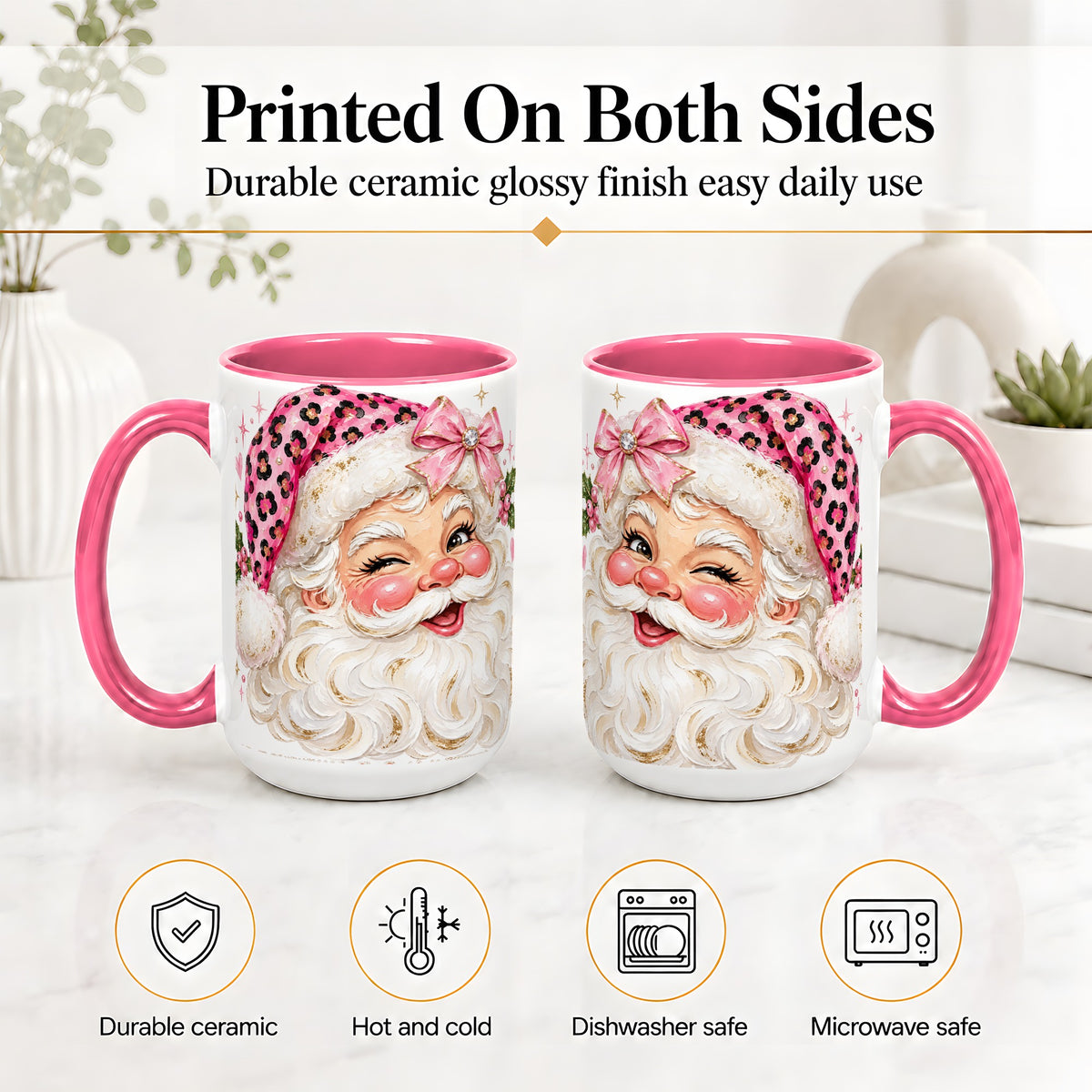 #pl[15oz|Pink] Pink Santa Ceramic Mug, Leopard Hat Christmas Holiday Artwork