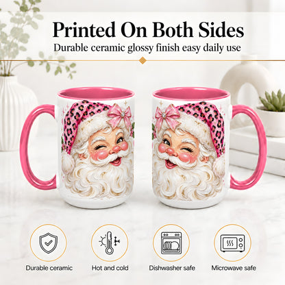 #pl[15oz|Pink] Pink Santa Ceramic Mug, Leopard Hat Christmas Holiday Artwork