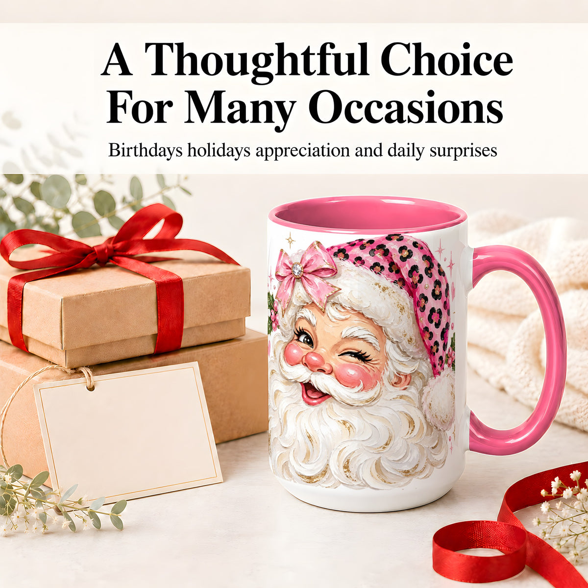 #pl[15oz|Pink] Pink Santa Ceramic Mug, Leopard Hat Christmas Holiday Artwork
