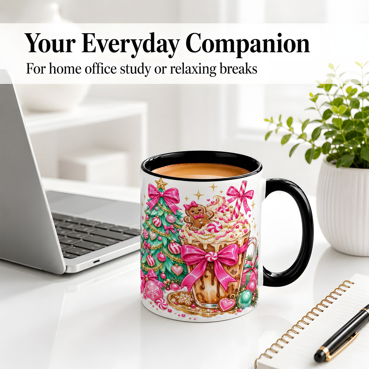 #pl[11oz|Black] Pink Christmas Coffee Ceramic Mug, Tree Gingerbread Holiday Artwork