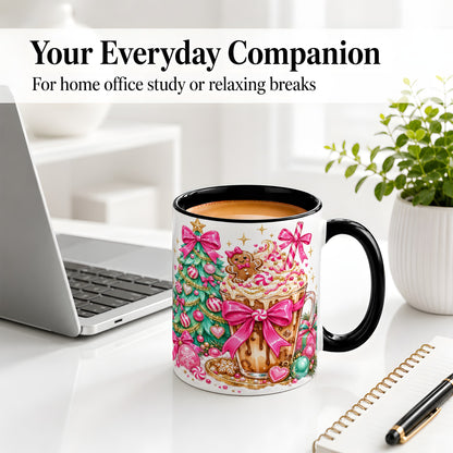 #pl[11oz|Black] Pink Christmas Coffee Ceramic Mug, Tree Gingerbread Holiday Artwork