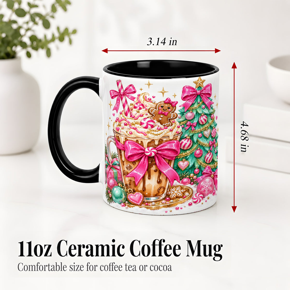 #pl[11oz|Black] Pink Christmas Coffee Ceramic Mug, Tree Gingerbread Holiday Artwork
