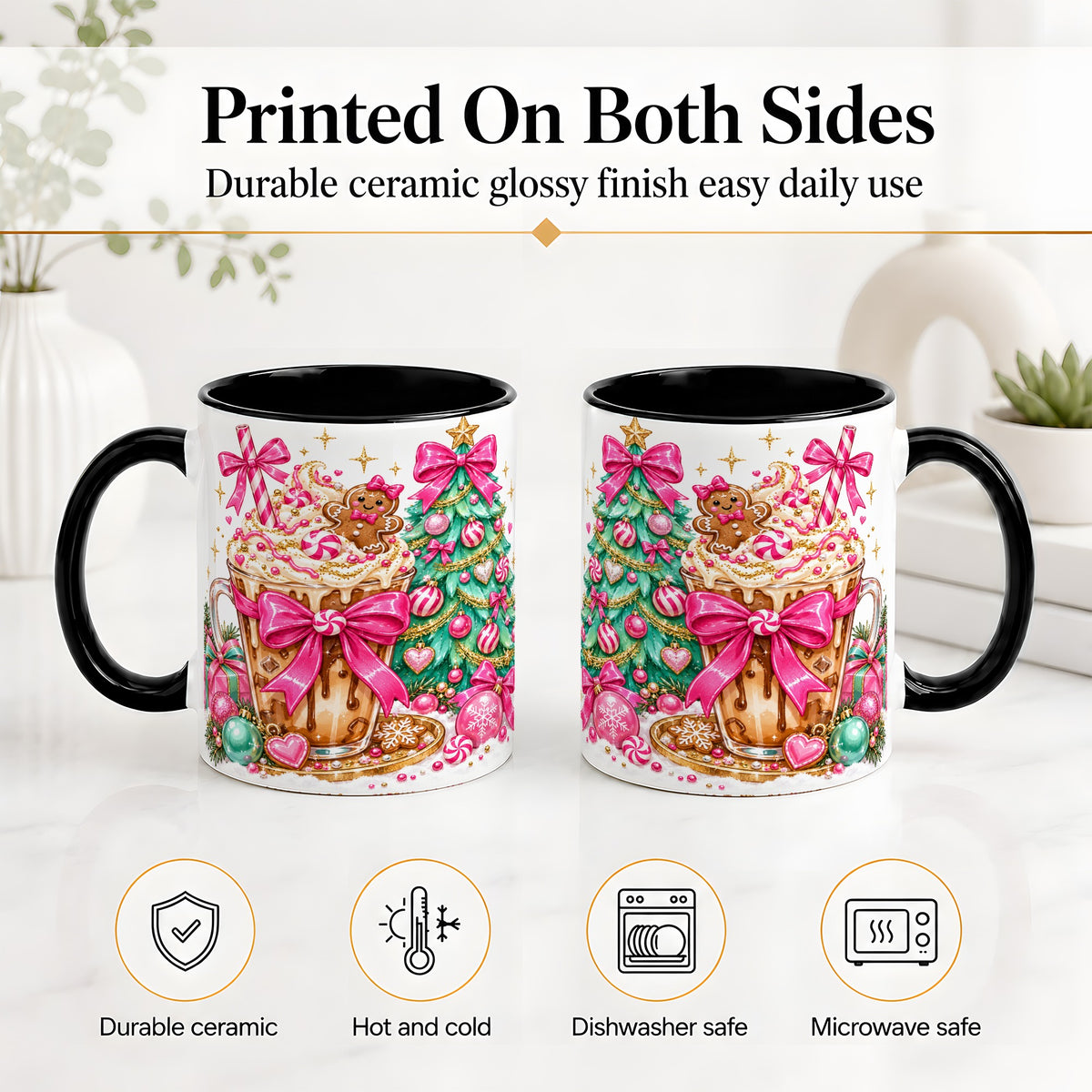 #pl[11oz|Black] Pink Christmas Coffee Ceramic Mug, Tree Gingerbread Holiday Artwork