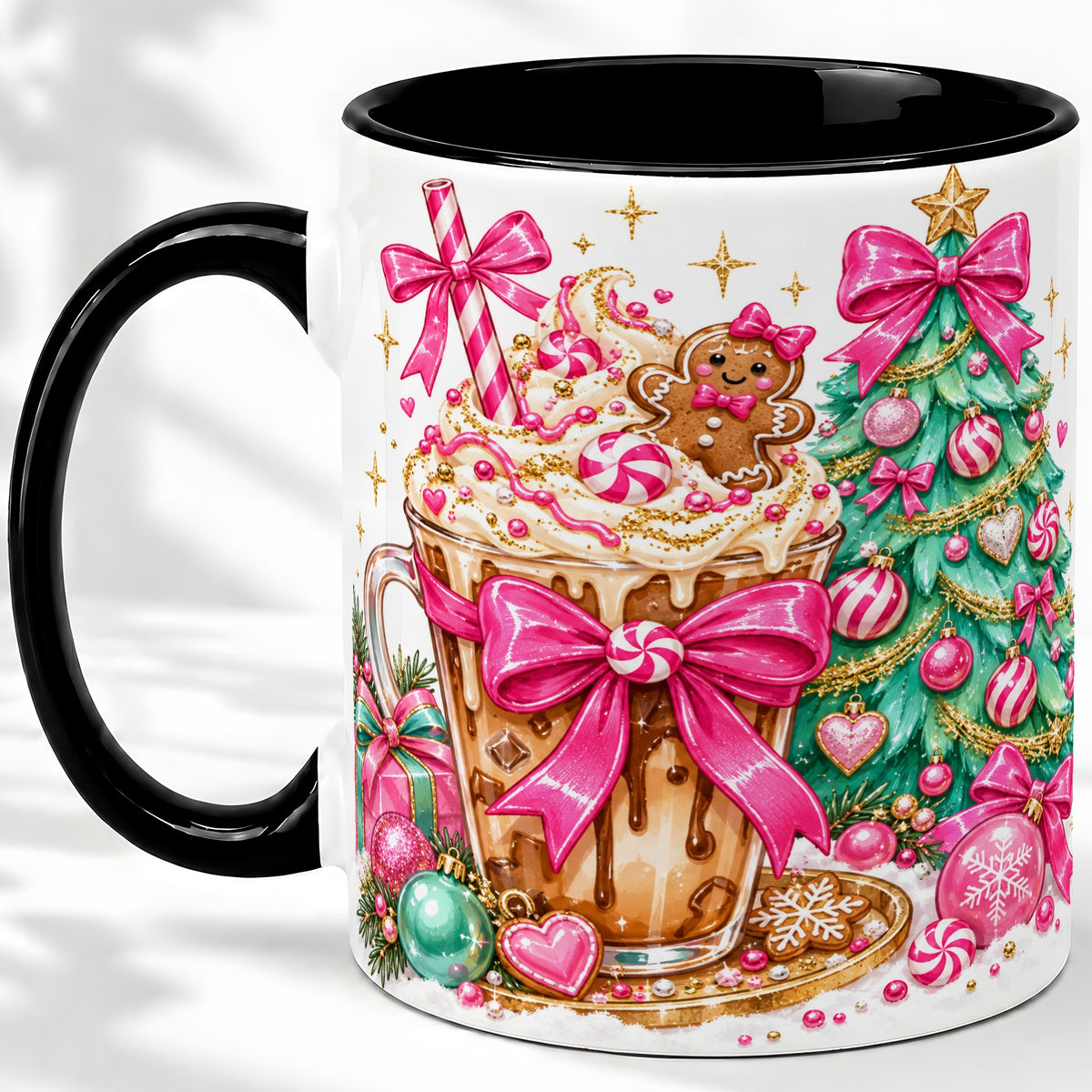 #pl[11oz|Black] Pink Christmas Coffee Ceramic Mug, Tree Gingerbread Holiday Artwork