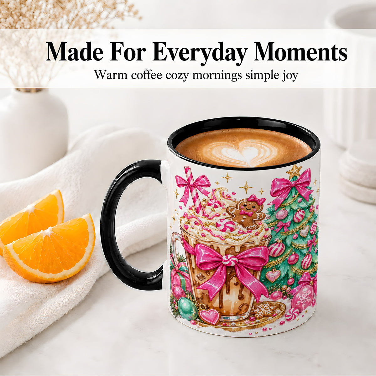#pl[11oz|Black] Pink Christmas Coffee Ceramic Mug, Tree Gingerbread Holiday Artwork