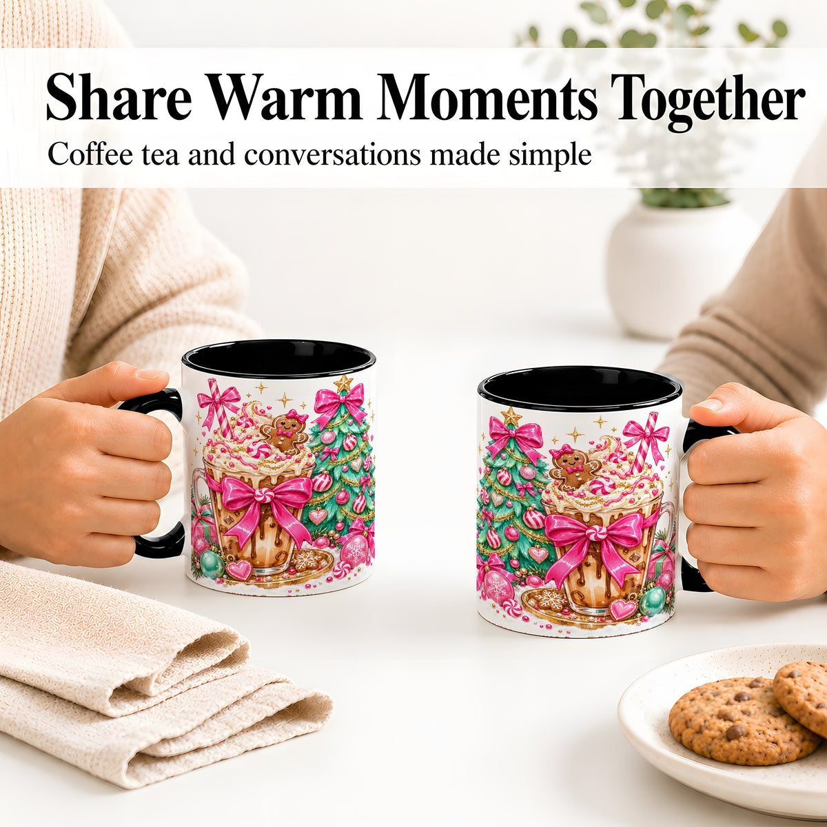 #pl[11oz|Black] Pink Christmas Coffee Ceramic Mug, Tree Gingerbread Holiday Artwork