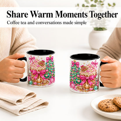 #pl[11oz|Black] Pink Christmas Coffee Ceramic Mug, Tree Gingerbread Holiday Artwork