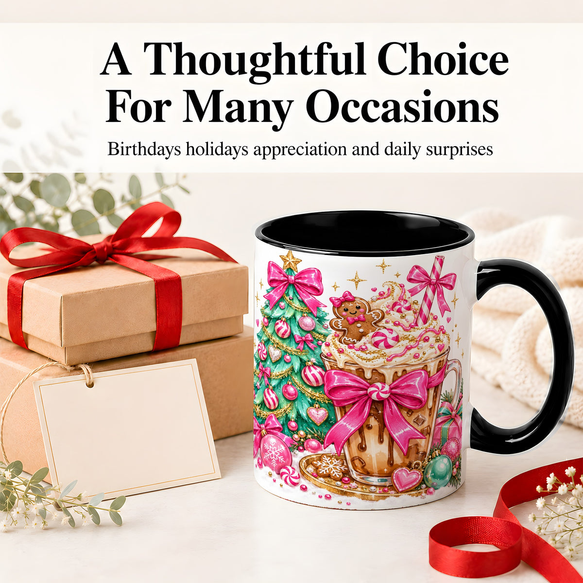 #pl[11oz|Black] Pink Christmas Coffee Ceramic Mug, Tree Gingerbread Holiday Artwork