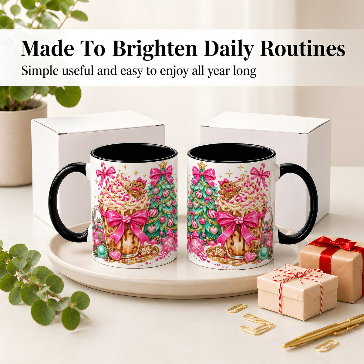 #pl[11oz|Black] Pink Christmas Coffee Ceramic Mug, Tree Gingerbread Holiday Artwork