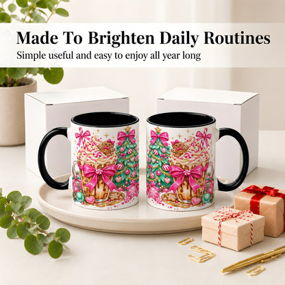 #pl[11oz|Black] Pink Christmas Coffee Ceramic Mug, Tree Gingerbread Holiday Artwork