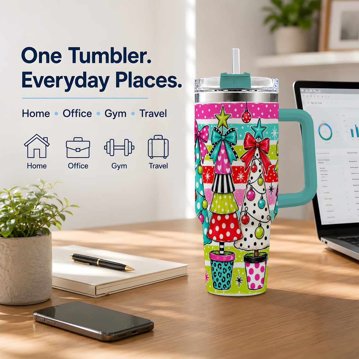 #pl[40oz|Green] Colorful Christmas Trees 40oz Tumbler, Bright Polka Dot Holiday Artwork