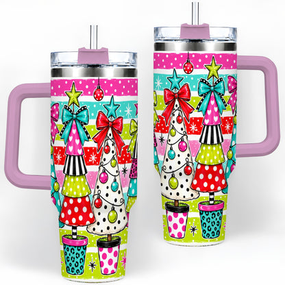 #pl[40oz|Pink] Colorful Christmas Trees 40oz Tumbler, Bright Polka Dot Holiday Artwork
