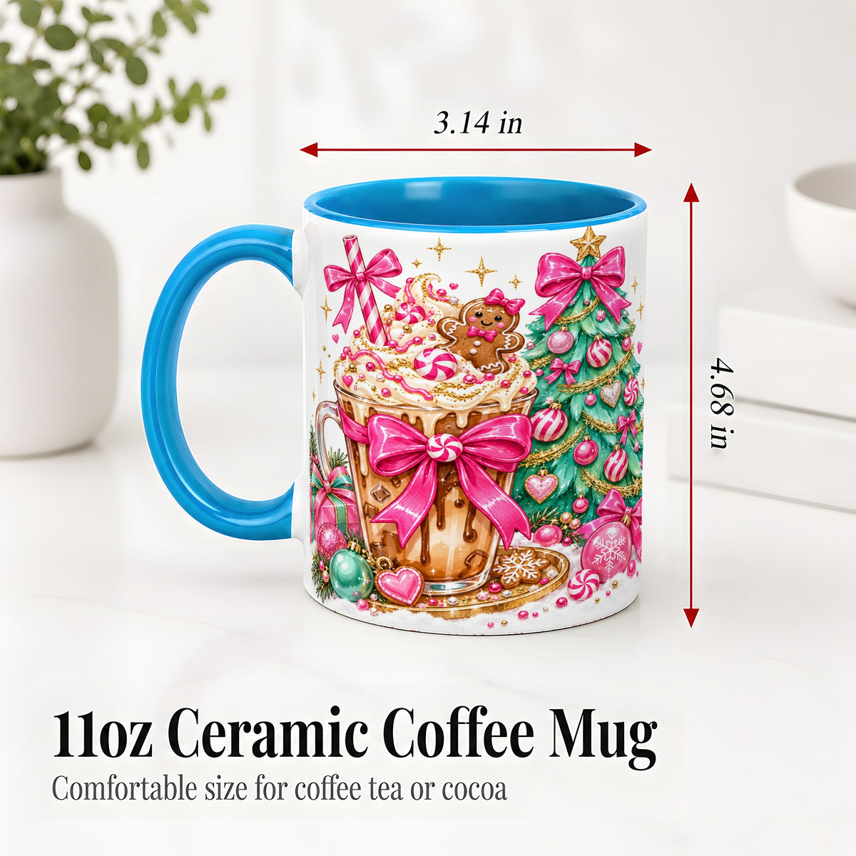 #pl[11oz|Blue] Pink Christmas Coffee Ceramic Mug, Tree Gingerbread Holiday Artwork