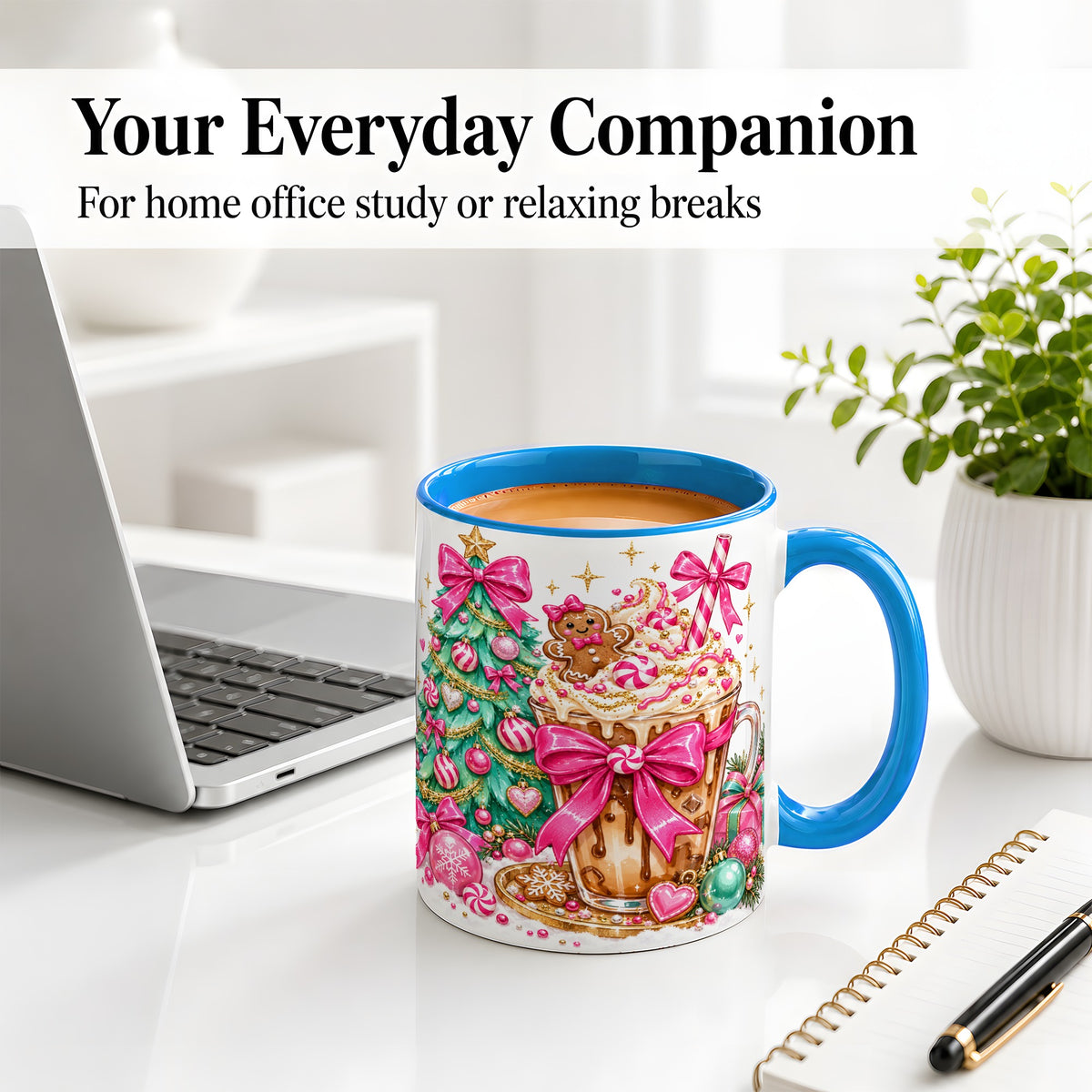#pl[11oz|Blue] Pink Christmas Coffee Ceramic Mug, Tree Gingerbread Holiday Artwork