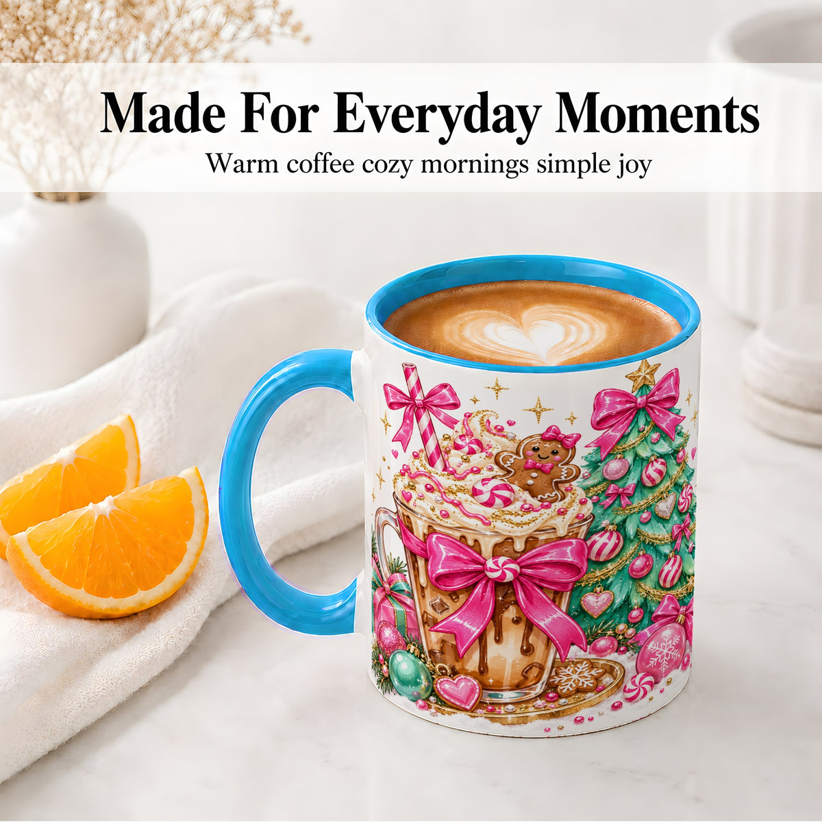 #pl[11oz|Blue] Pink Christmas Coffee Ceramic Mug, Tree Gingerbread Holiday Artwork