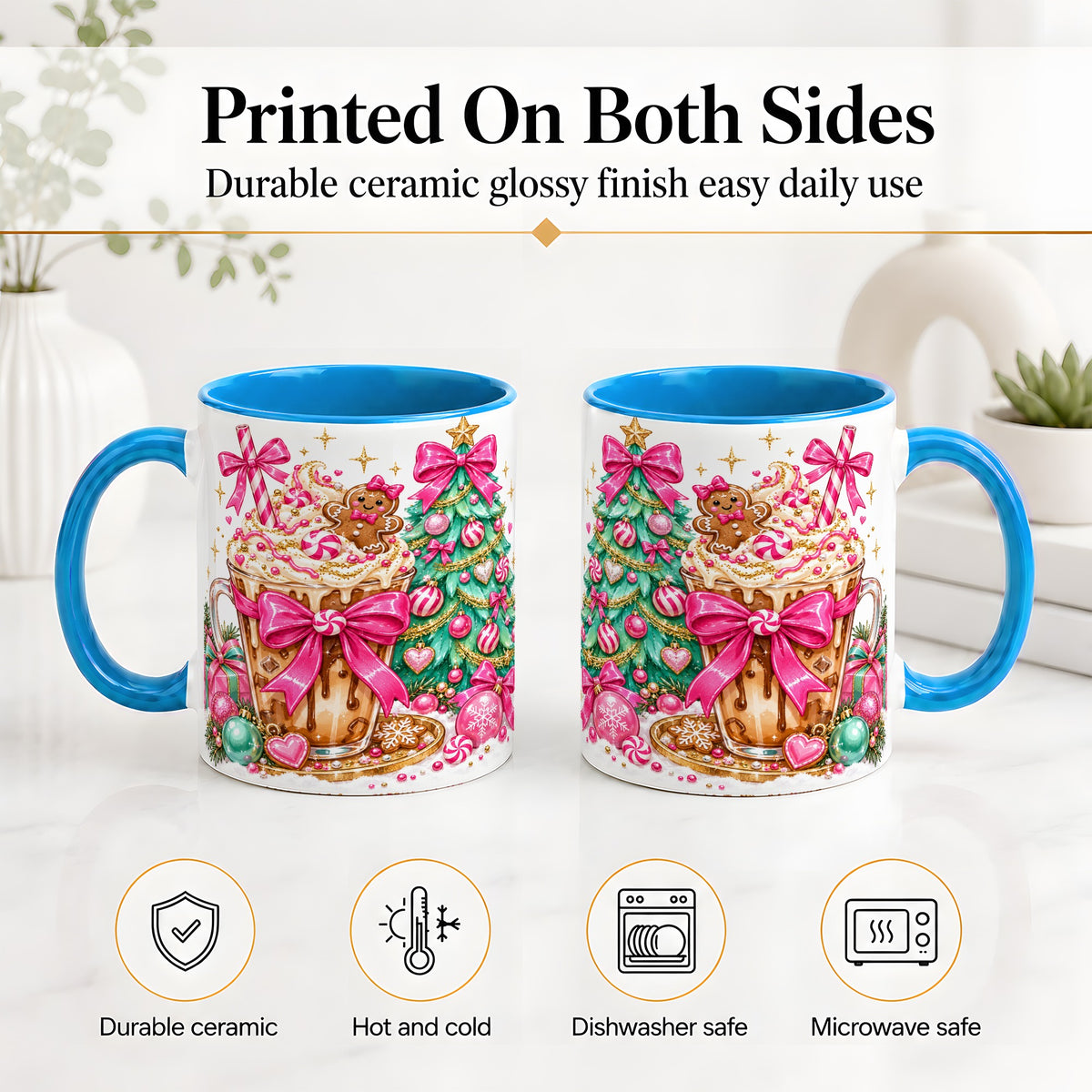#pl[11oz|Blue] Pink Christmas Coffee Ceramic Mug, Tree Gingerbread Holiday Artwork