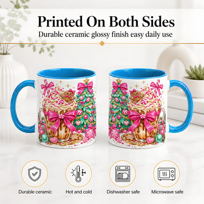 #pl[11oz|Blue] Pink Christmas Coffee Ceramic Mug, Tree Gingerbread Holiday Artwork