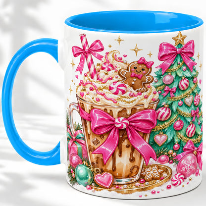 #pl[11oz|Blue] Pink Christmas Coffee Ceramic Mug, Tree Gingerbread Holiday Artwork
