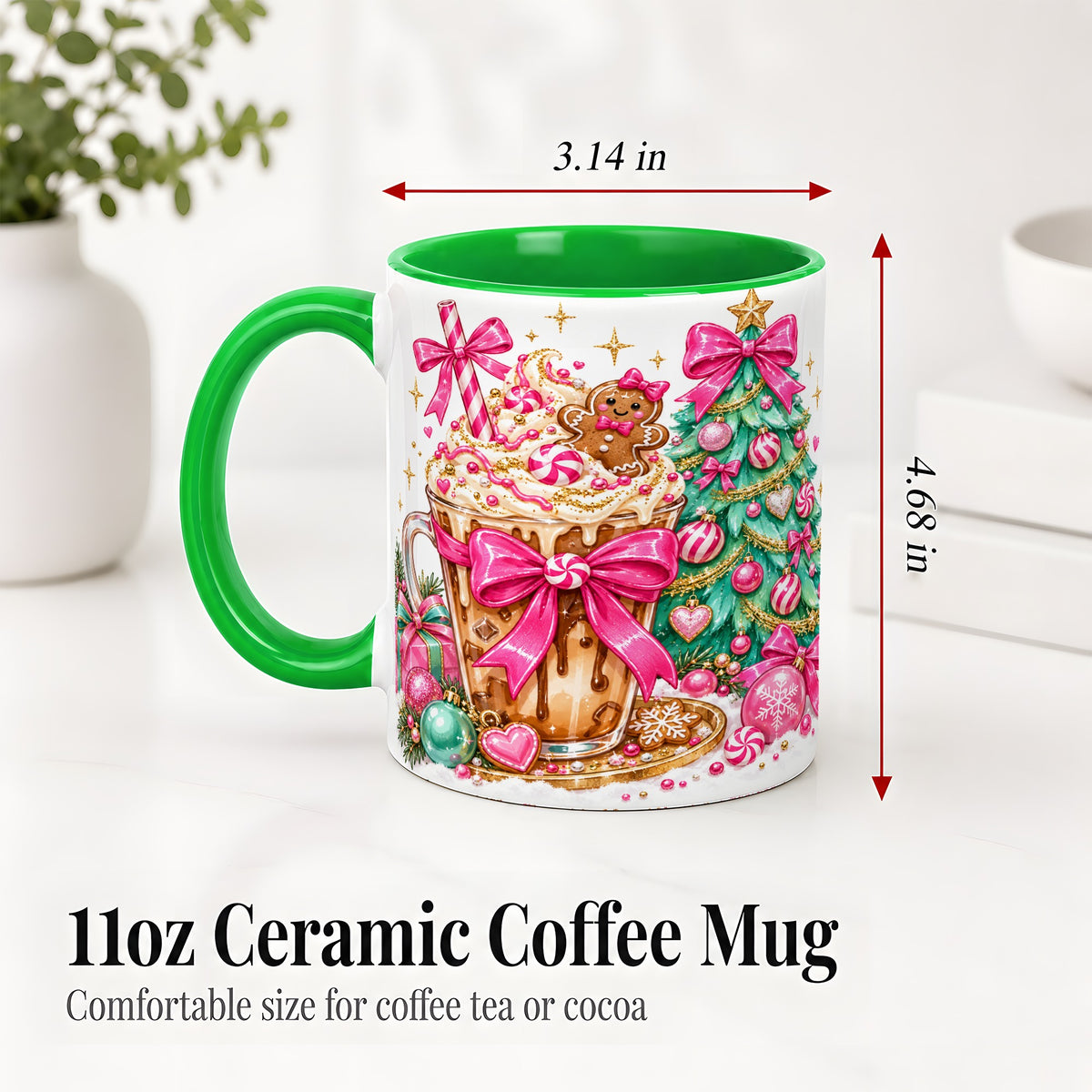 #pl[11oz|Green] Pink Christmas Coffee Ceramic Mug, Tree Gingerbread Holiday Artwork